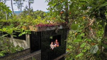 A small, elevated wooden structure with a balcony, surrounded by dense greenery and a metal bridge.