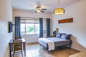 1 bedroom, desk, iron/ironing board, travel cot