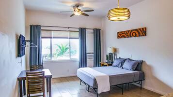 1 bedroom, desk, iron/ironing board, travel cot