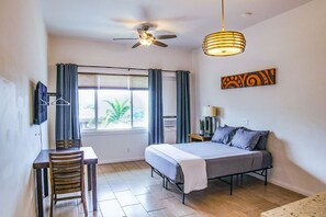 1 bedroom, desk, iron/ironing board, travel cot