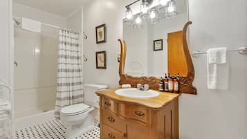 Een badkamer met douche, toilet, wastafel en spiegel.