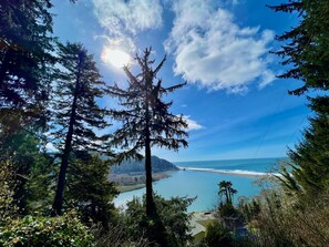 A coastal landscape with dense forest and a clear view of the sea. - The Historic Requa Inn  (Klamath)