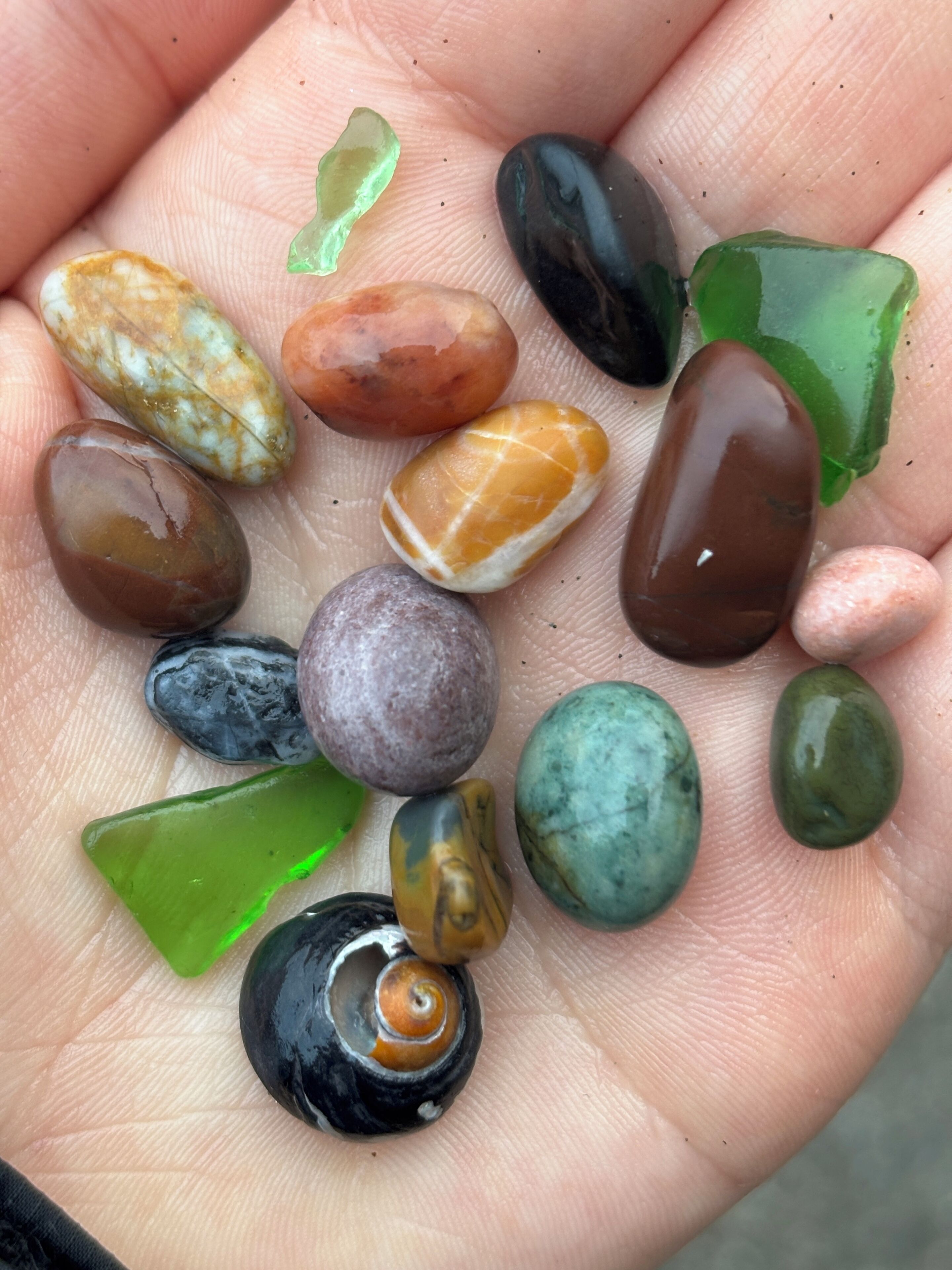 A hand holding various smooth, polished stones of different shapes and sizes.