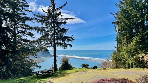 A scenic overlook with a picnic table, dense trees, and a view of the ocean. - The Historic Requa Inn  (Klamath)