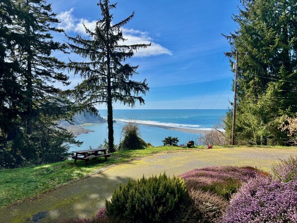 A scenic overlook with a picnic table, dense trees, and a view of the ocean. - The Historic Requa Inn  (Klamath)