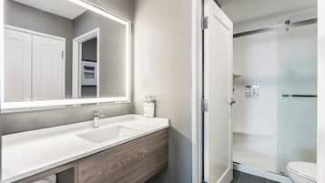 A modern bathroom with a double sink vanity, a large mirror, and a glass-enclosed shower.