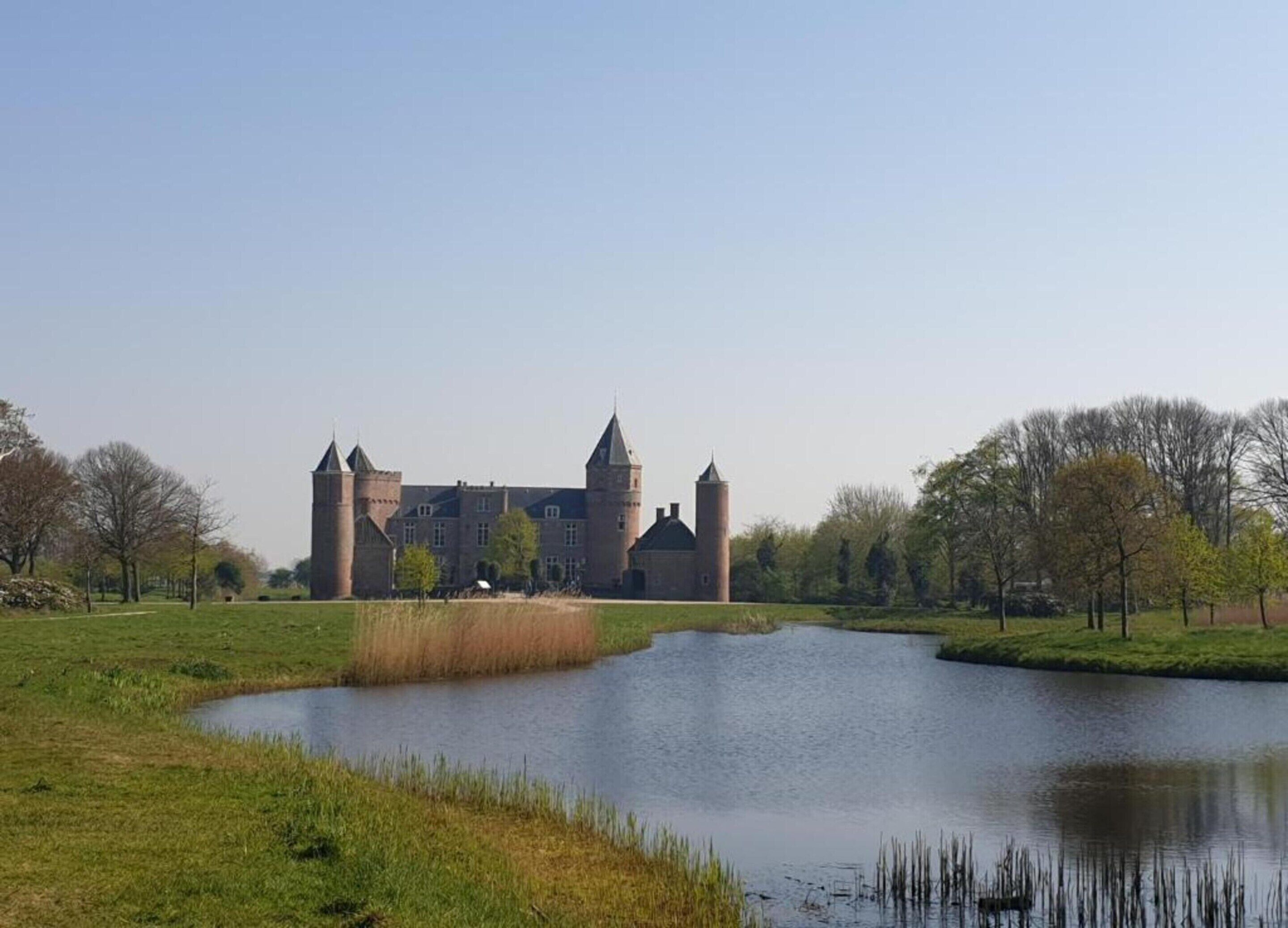 A large castle with multiple towers and a moat in the foreground.