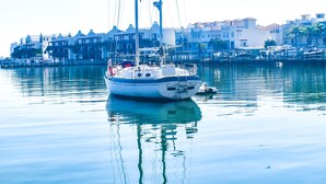 A sailboat docked at a marina with buildings in the background. - Devon Shores - Waterview King Suite (Clearwater)