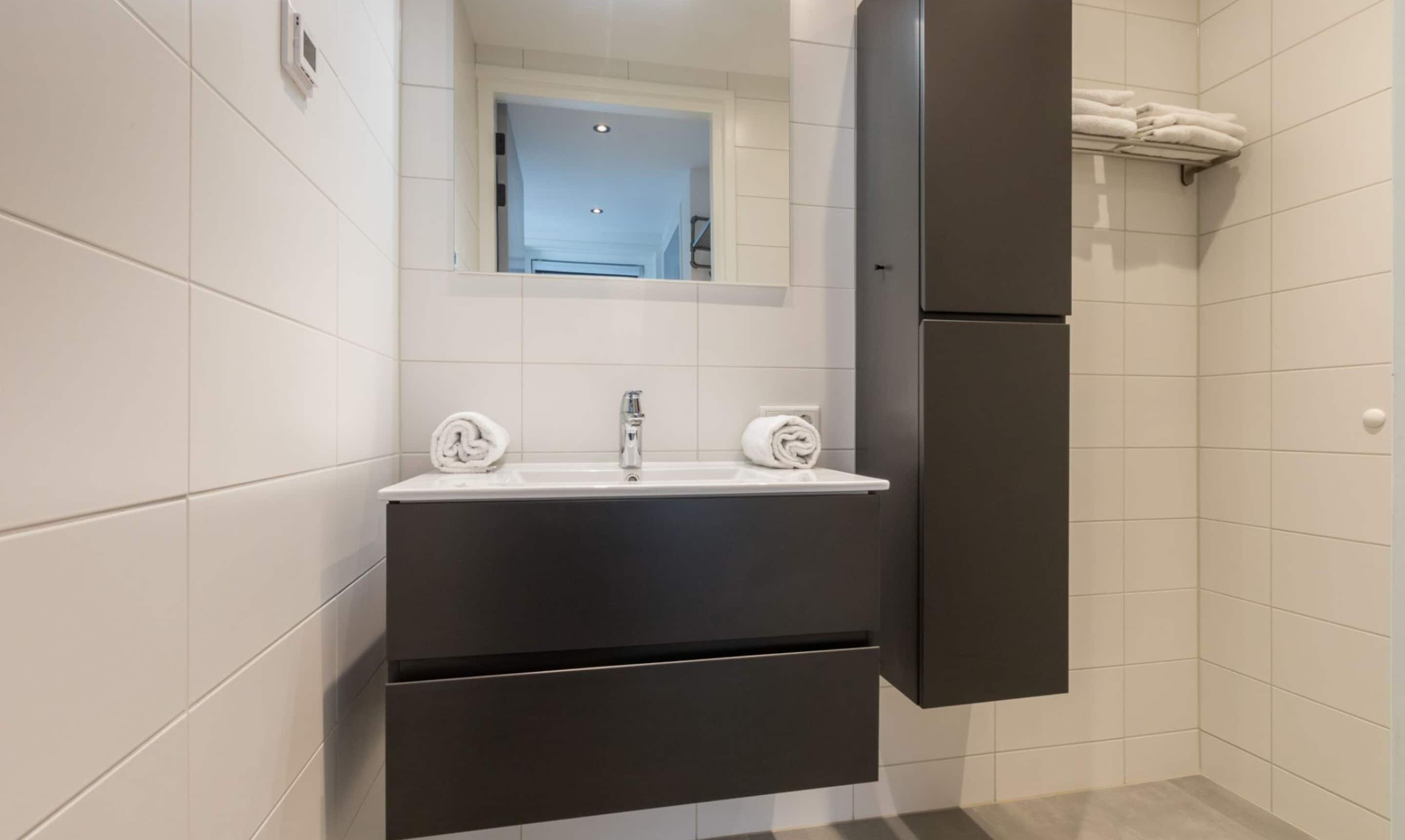 Ein modernes Badezimmer mit einem weißen Waschbecken, dunklen Schränken und einem Spiegel darüber.