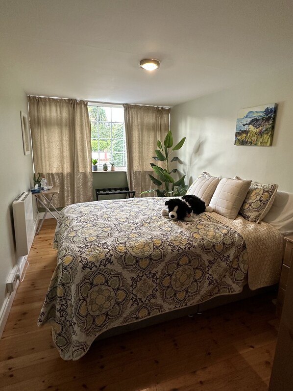 A bedroom with a bed, a window with curtains, a radiator, a desk, a potted plant, and a painting on the wall. - Ennis, 4 minute walk to Downtown (Ennis)