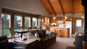 Smart TV, caminetto, libri, impianto stereo