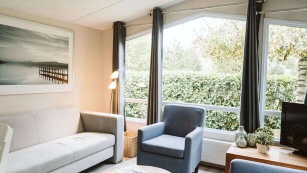A modern living room with a sofa, armchair, and coffee table. There is a painting on the wall, a lamp, and a TV on a wooden table. - Luxury Chalet for Lovers of Peace, Nature (Goedereede)
