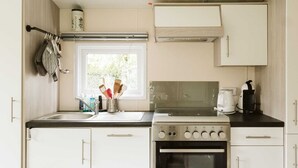 A compact kitchen with a stove, oven, and sink. There is a window with a view of greenery outside. - Luxury Chalet for Lovers of Peace, Nature (Goedereede)