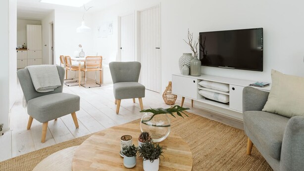 Un salon moderne avec un téléviseur à écran plat, des canapés gris, une table basse en bois agrémentée de plantes et, au fond, un coin repas.