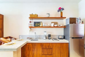 Fridge, microwave, stovetop, electric kettle
