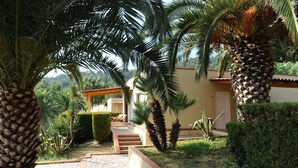 A garden pathway leading to a building with a covered seating area, surrounded by palm trees and other greenery. - Pet-friendly Getaway (Centola)