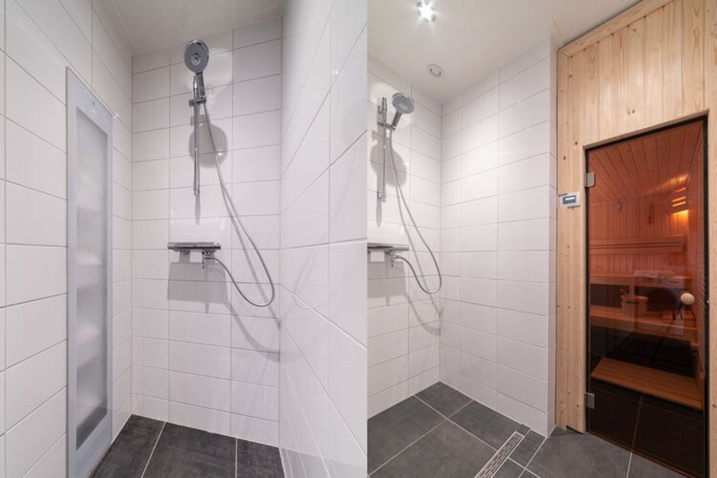 Une salle de bain moderne avec des murs recouverts de carreaux blancs, une douche équipée d’un pommeau de douche à main et une porte en bois donnant accès à un sauna.