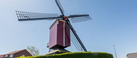 A windmill with a red base and a metal structure, surrounded by a well-maintained hedge and a clear blue sky.
