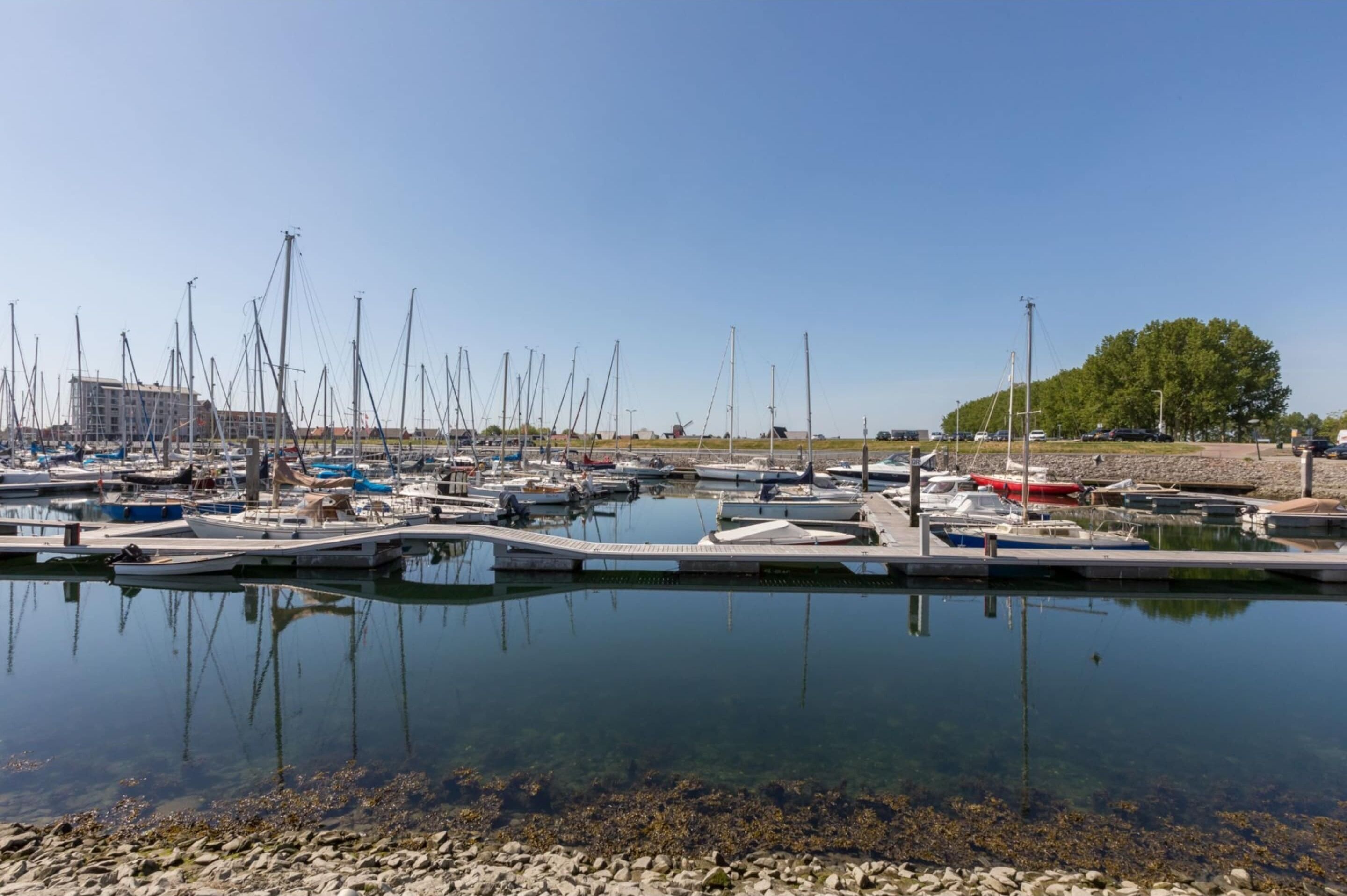 Un port de plaisance où sont amarrés de nombreux bateaux, avec une eau claire et une côte rocheuse.
