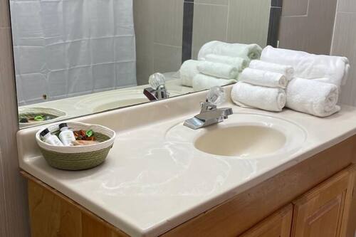 Chambre Deluxe double | Salle de bain | Douche cascade, séchoir à cheveux, serviettes fournies