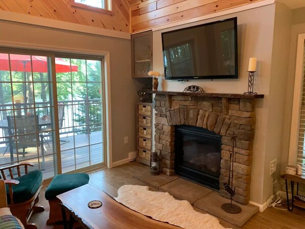 Smart TV, fireplace, books