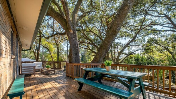 Une terrasse en bois, agrémentée de tables de pique-nique et de bancs, entourée de grands arbres.