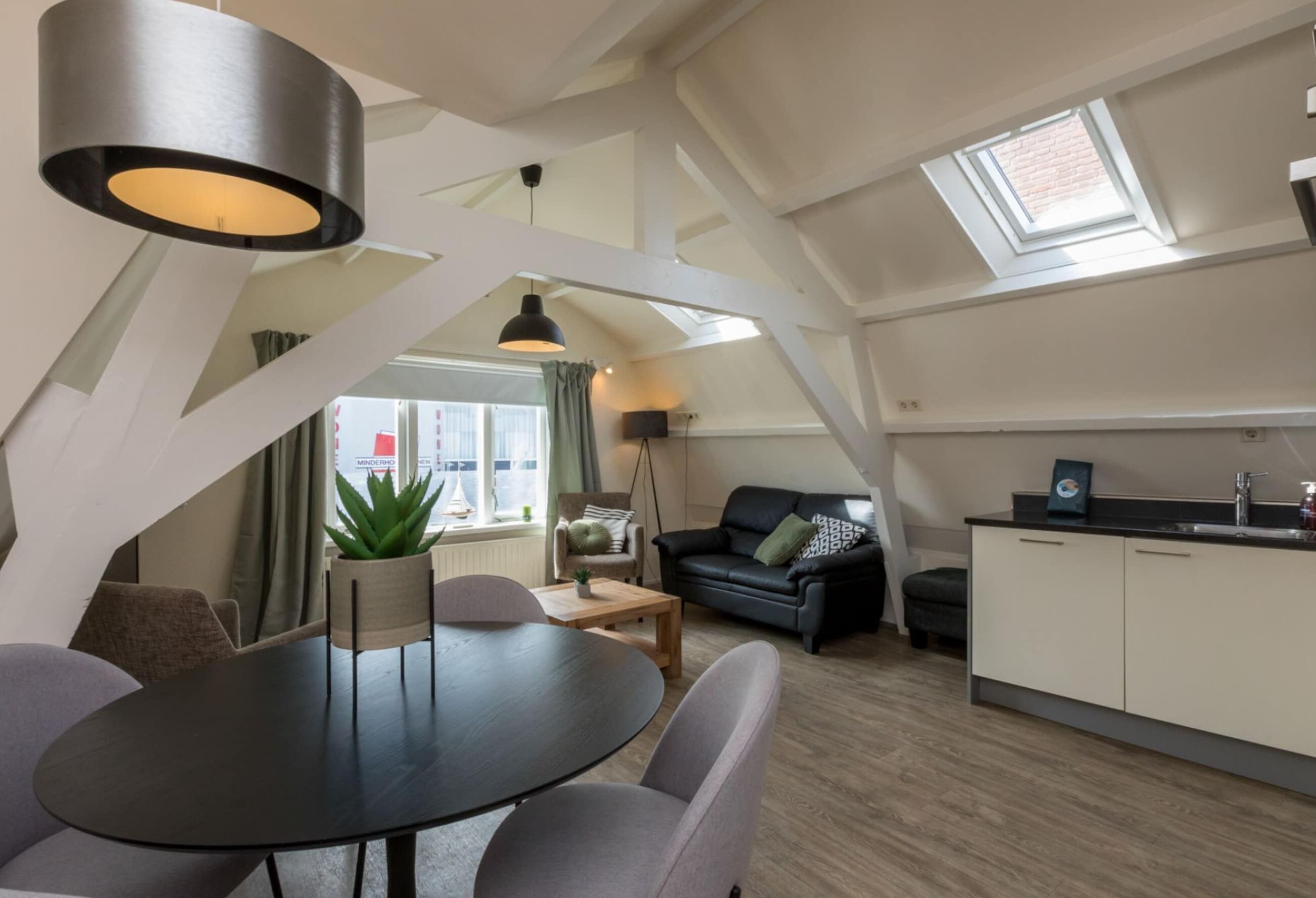 A loft-style room with a dining area, a sofa, a kitchen, and a skylight.