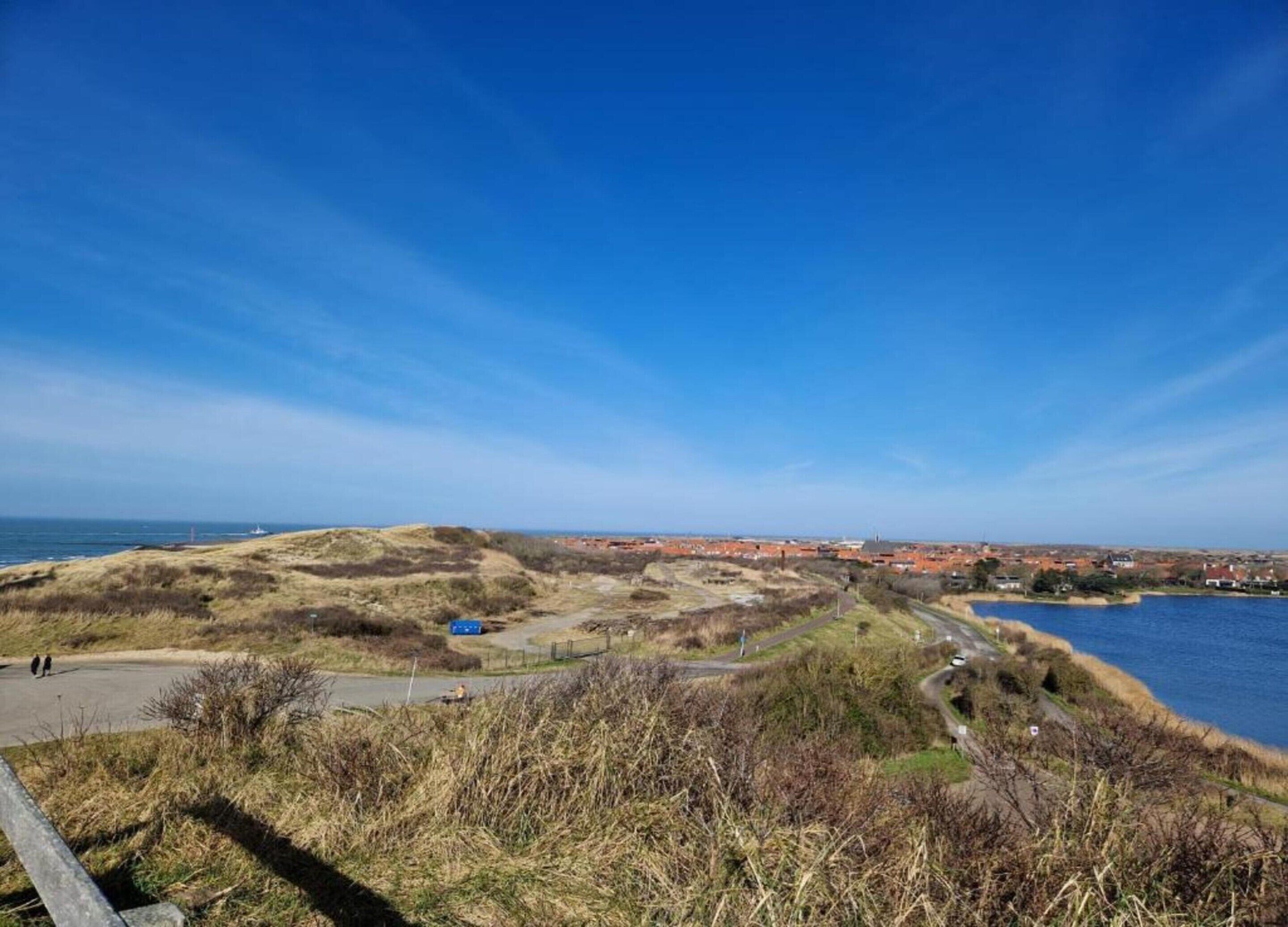 A coastal landscape with a clear sky, a body of water, and a distant town with red-roofed buildings.