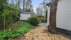 A wooded area with a pathway leading to a small wooden cabin. - Beautiful Holiday Chalet in Emst With a Private Garden (Emst)