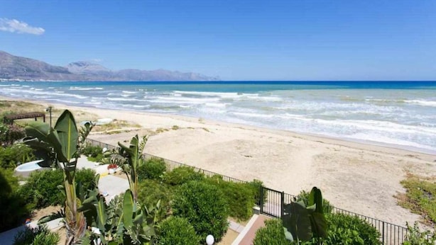 Vista de una playa con cielo despejado, orilla de arena y algo de vegetación en primer plano.