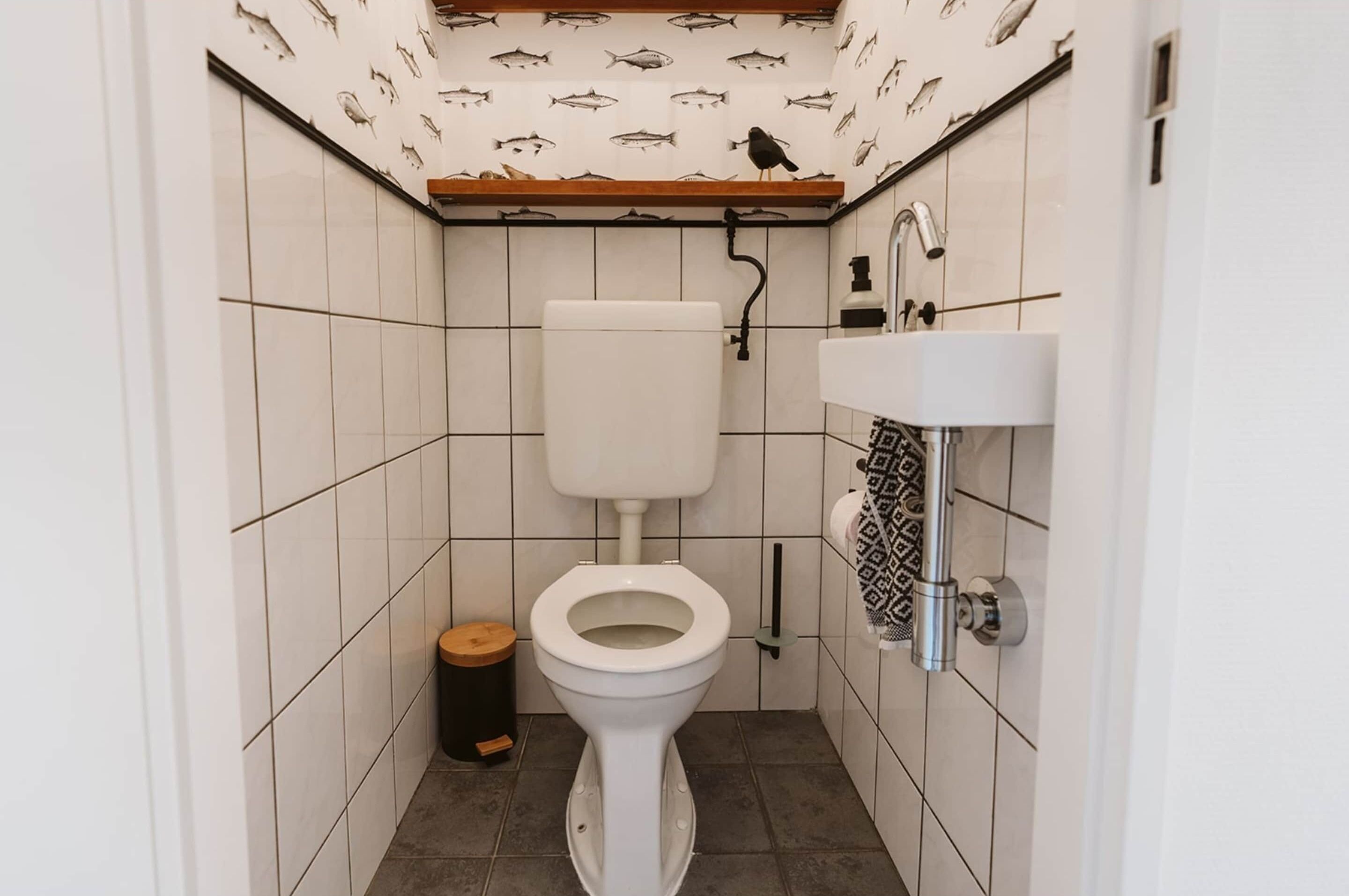 Een kleine badkamer met toilet, wastafel en douche.