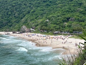 Una playa con gente, sombrillas y una ladera cubierta de bosque.