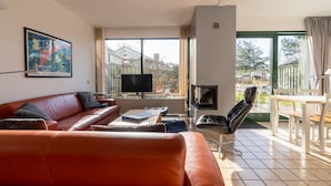 A modern living room with a leather sofa, a flat-screen TV, a fireplace, and a dining area with a table and chairs. - Holiday Home in the Middle of the Green North Sea Park Near the Beach Entrance (Ouddorp)
