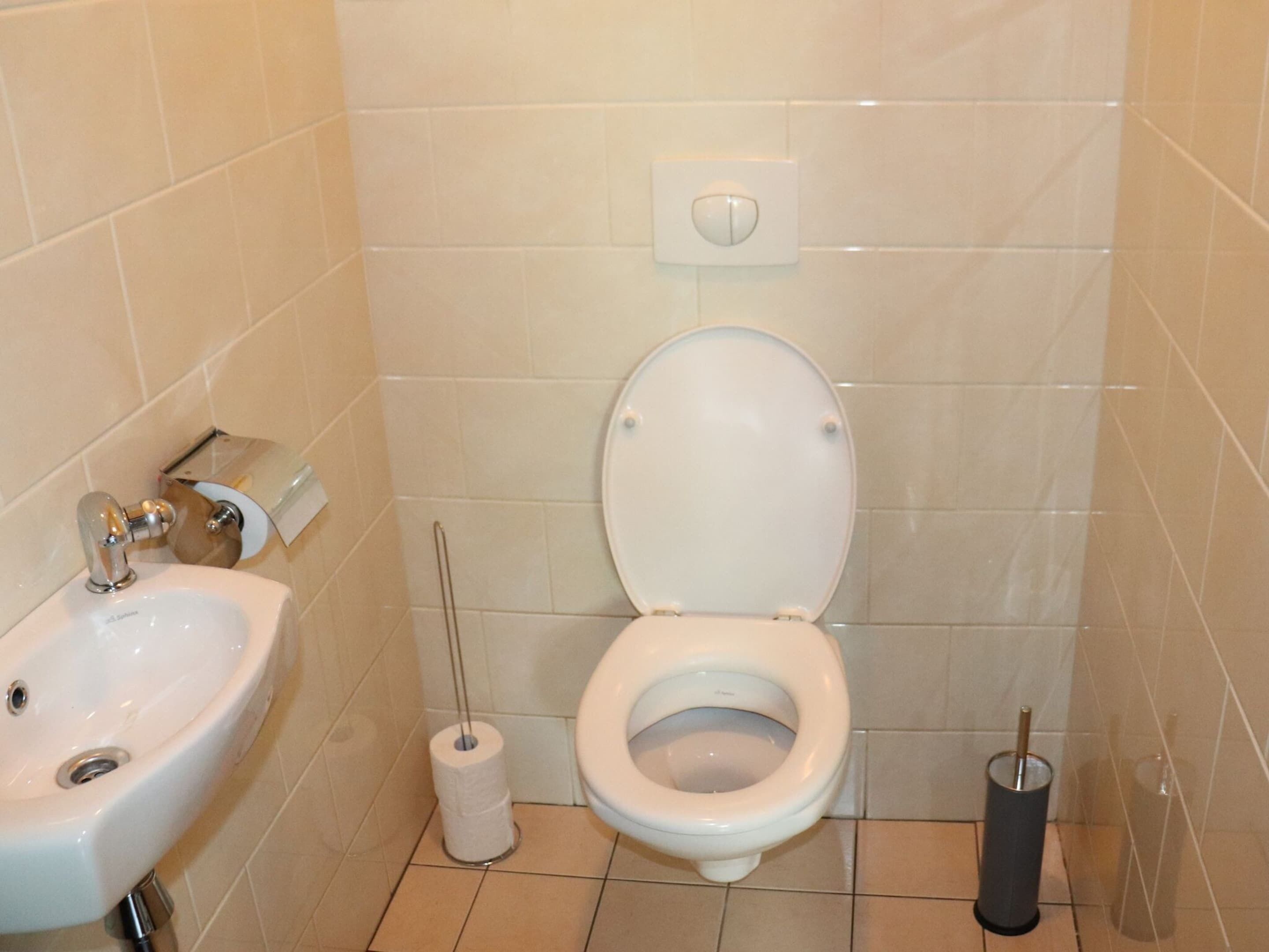 Un baño pequeño con inodoro, lavamanos y papel higiénico.