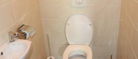 Egy kis fürdőszoba, amelyben WC, mosdókagyló és WC-papír található.