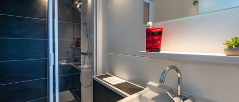 A modern bathroom with a shower, a sink, and a mirror.