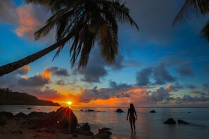 Un atardecer sobre una playa con palmeras y una persona de pie en la orilla.