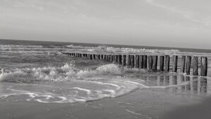 A beach with waves crashing against wooden posts. - Studio in Domburg Near Beach and Nature Reserve (Renesse)