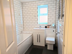 Hair dryer, towels, soap