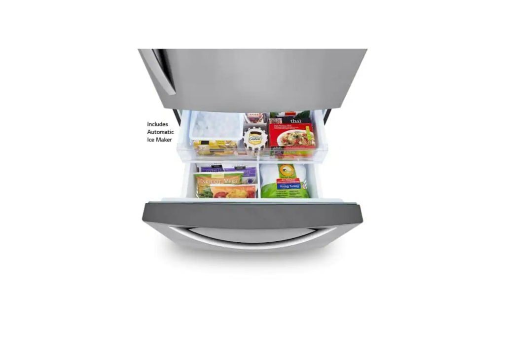 A refrigerator with multiple shelves and compartments, including a section for beverages and a section for food items.
