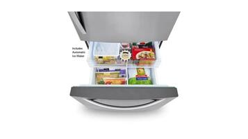A refrigerator with multiple shelves and compartments, including a section for beverages and a section for food items.