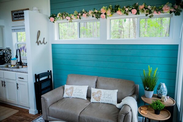 A teal-colored room with a brown leather sofa, two heart-shaped pillows, a small wooden side table with a plant, and a window with a view of greenery.