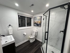 Shower, hair dryer, towels, soap