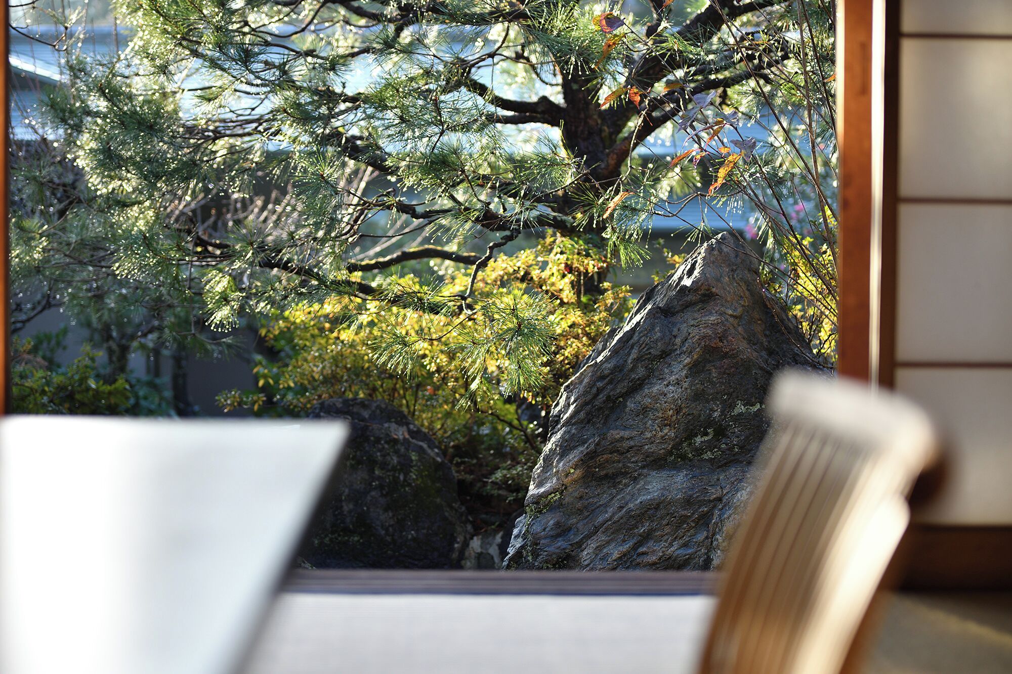 A room with a large window overlooking a rocky landscape and trees.