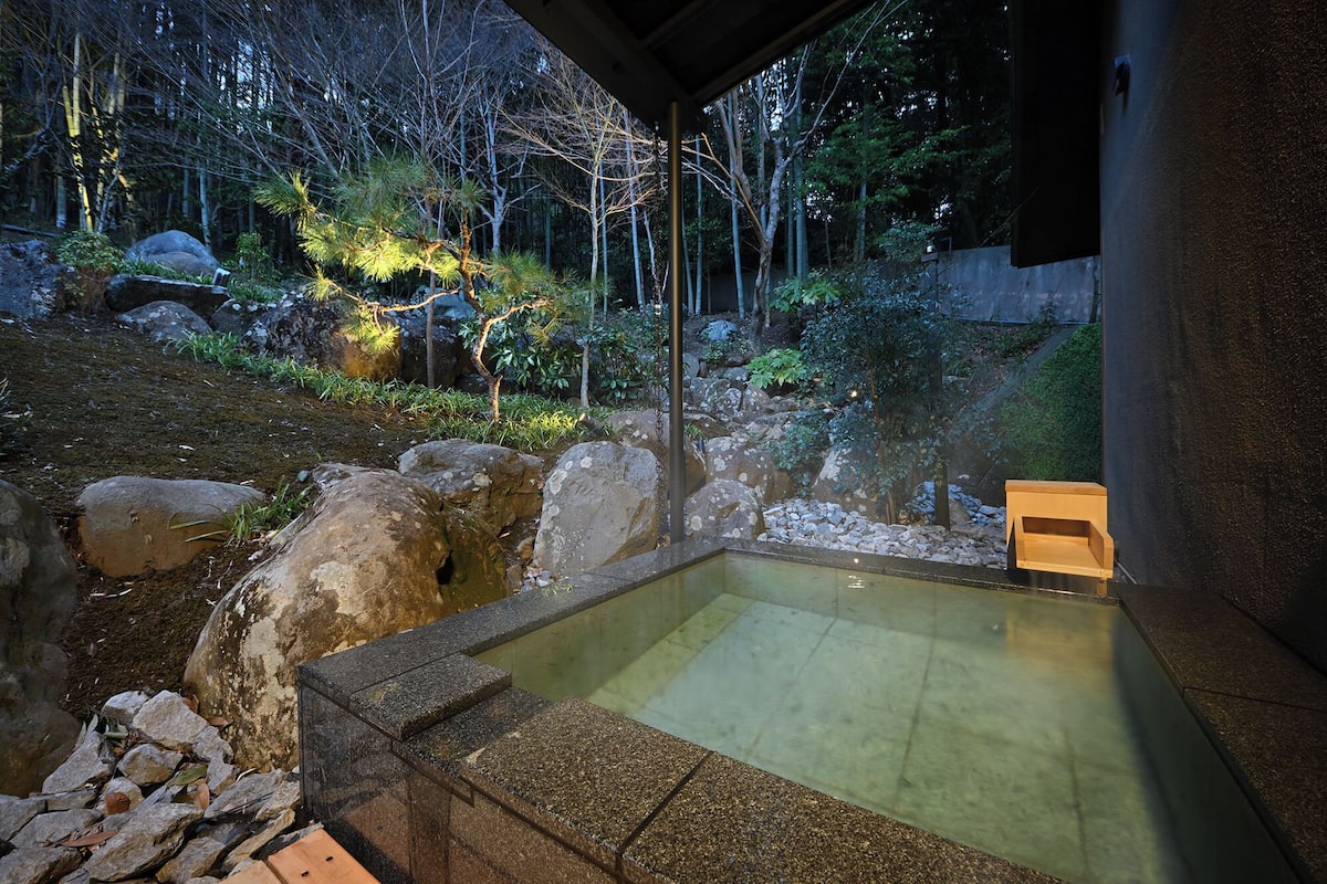 A hot spring area with a stone bath, surrounded by rocks and plants, under a covered structure.