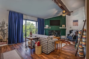 Smart TV, fireplace, books
