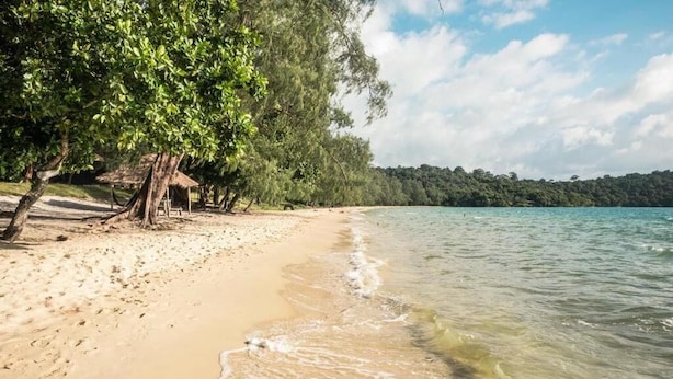 A beach with clear water, a sandy shore, and a tree-lined area. - Naks Shack (Prey Nob)