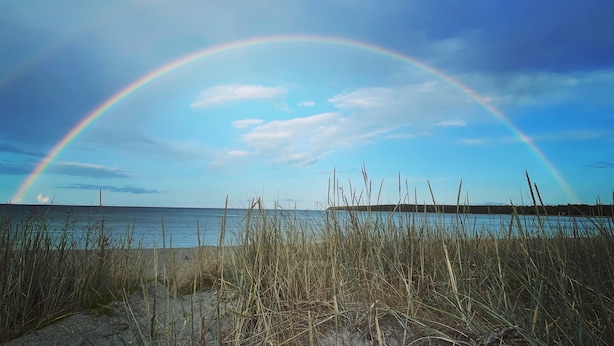 Une plage avec un arc-en-ciel se reflétant sur l’eau.