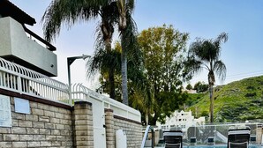 Un jacuzzi con escalera metálica, rodeado de un muro de piedra y palmeras.