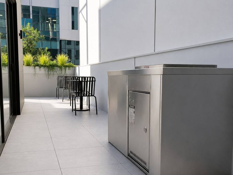 A modern outdoor area with a seating arrangement and a stainless steel appliance.